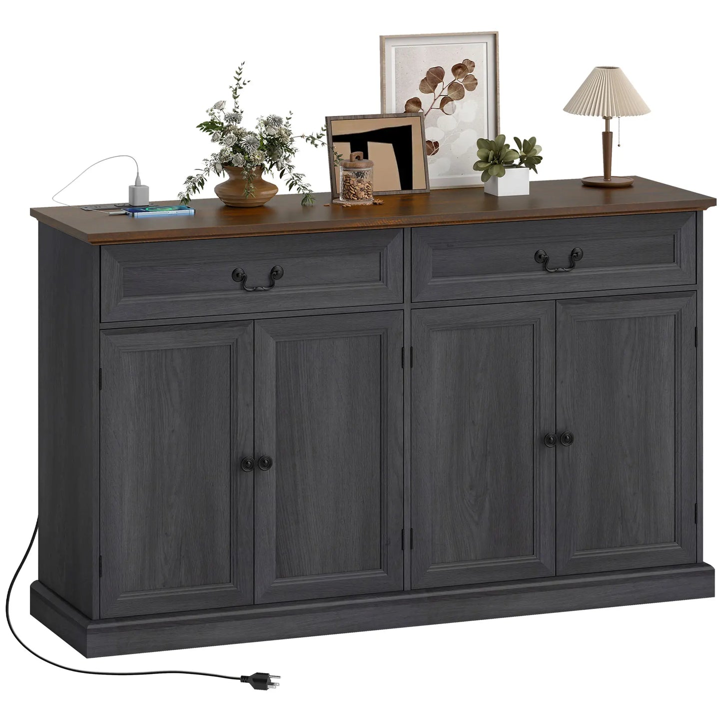55" Buffet Cabinet, Black Wood Grain, Charging Station, 2 Drawers, Black