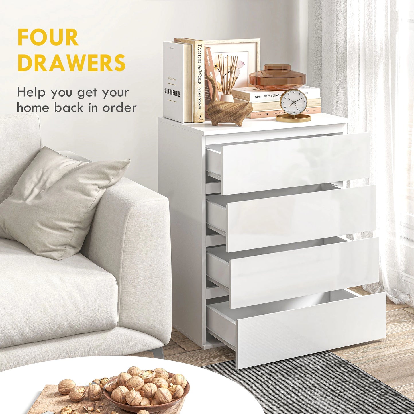 4 Drawer Cabinet, High Gloss, Bedroom Chest, Metal Runners, White Storage Cabinets at Gallery Canada