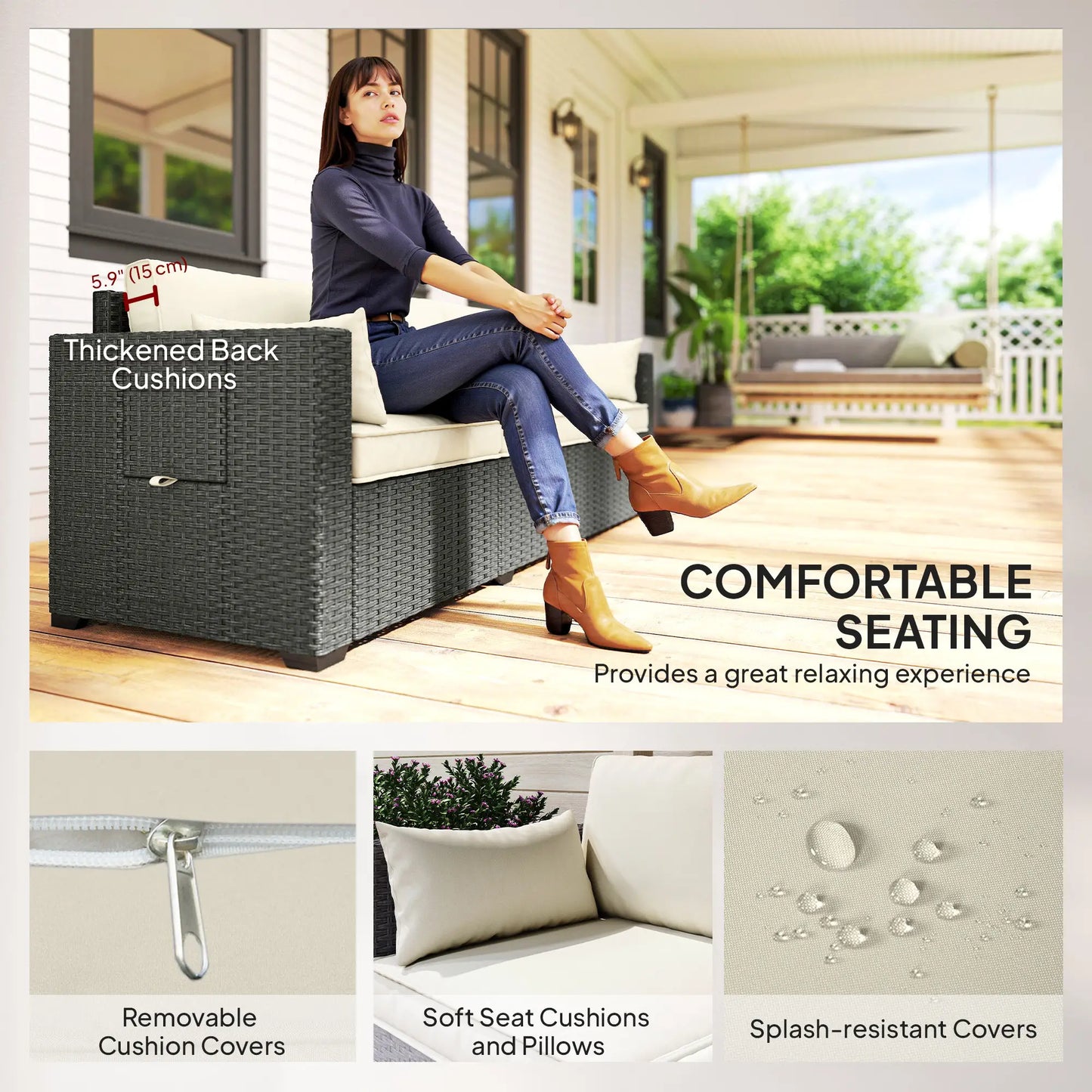 3 Seater Wicker Patio Sofa, 6" Thick Cushions, Cream White Patio Furniture Sets at Gallery Canada