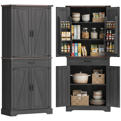 71" Tall Kitchen Cabinet, Farmhouse Pantry with Barn Doors, Drawer, Black