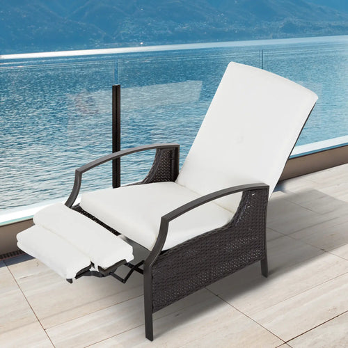 Outdoor Rattan Recliner Chair, Adjustable Back, Retractable Footrest, White