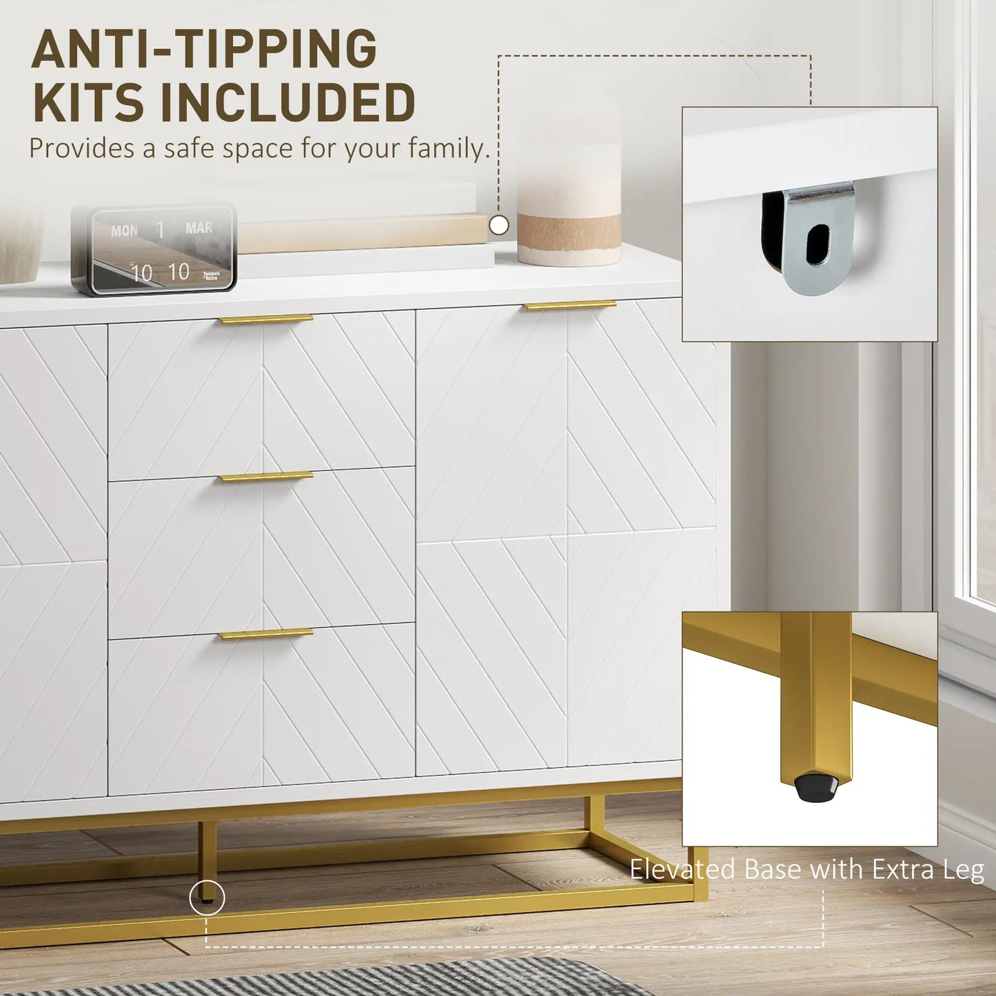 47" Sideboard Buffet Cabinet, Adjustable Shelves, Metal Legs, White Bar Cabinets at Gallery Canada