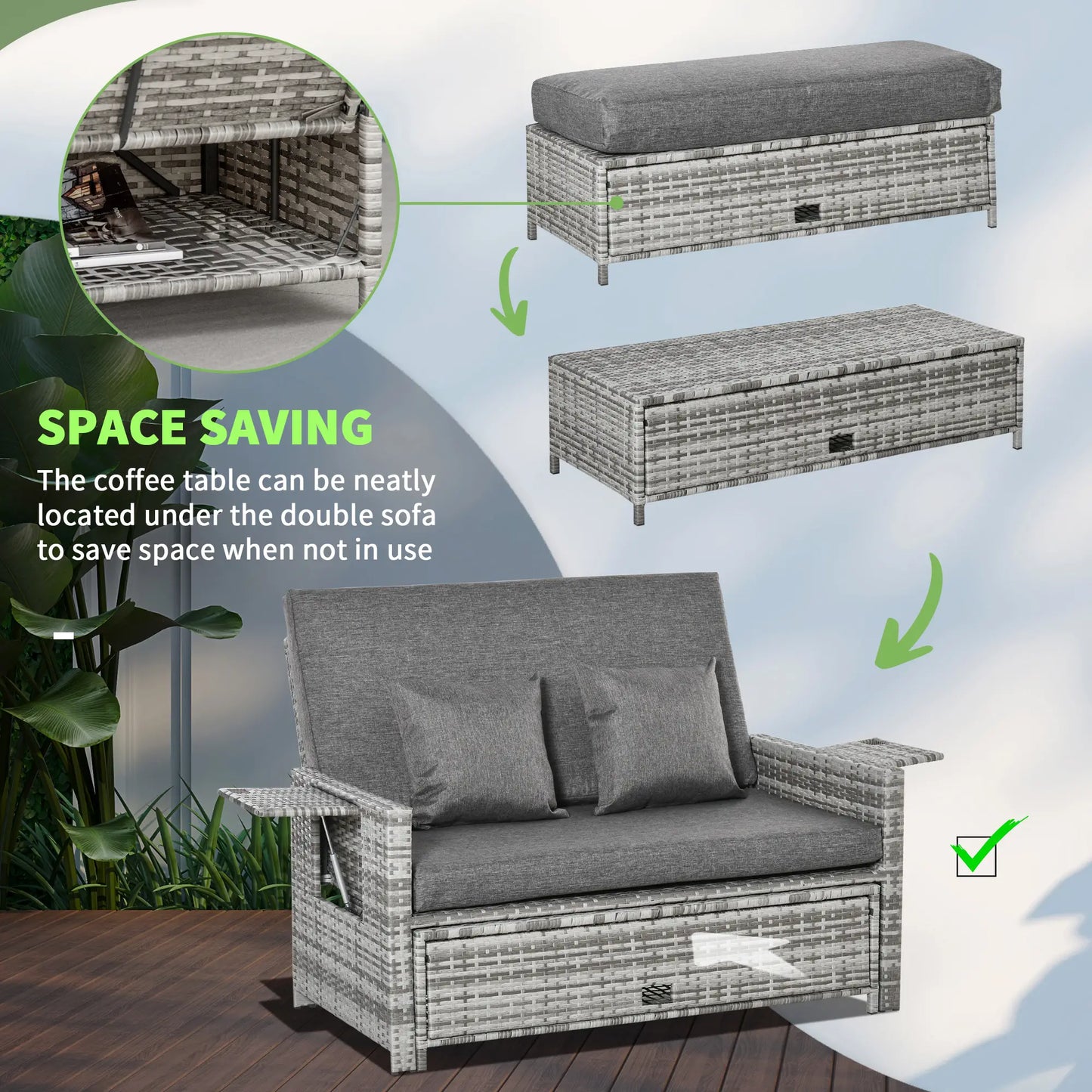 2 Piece Rattan Outdoor Daybed, 2 Seater Sofa Set with Footstool, Grey Patio Furniture Sets at Gallery Canada