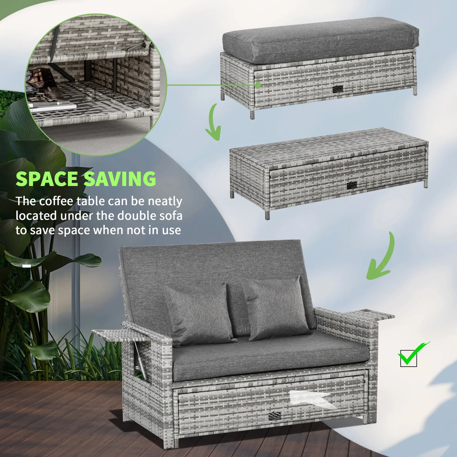 2 Piece Rattan Outdoor Daybed, 2 Seater Sofa Set with Footstool, Grey Patio Furniture Sets at Gallery Canada