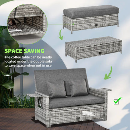2 Piece Rattan Outdoor Daybed, 2 Seater Sofa Set with Footstool, Grey Patio Furniture Sets at Gallery Canada