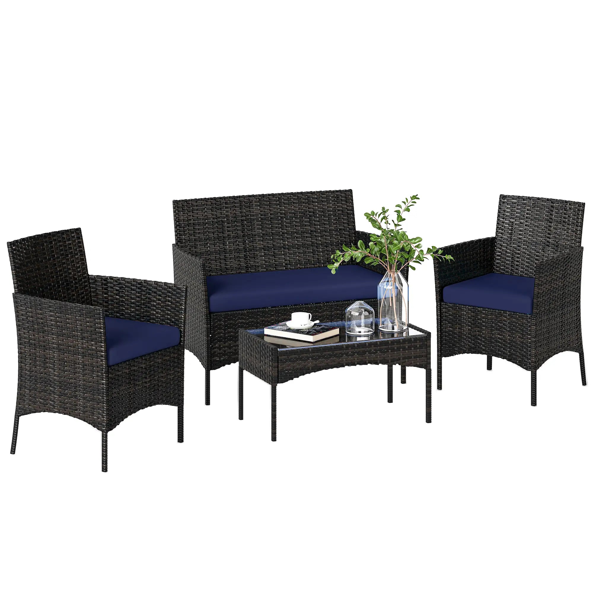4-Piece Wicker Patio Furniture Set, Glass Coffee Table, Navy Blue Patio Furniture Sets at Gallery Canada