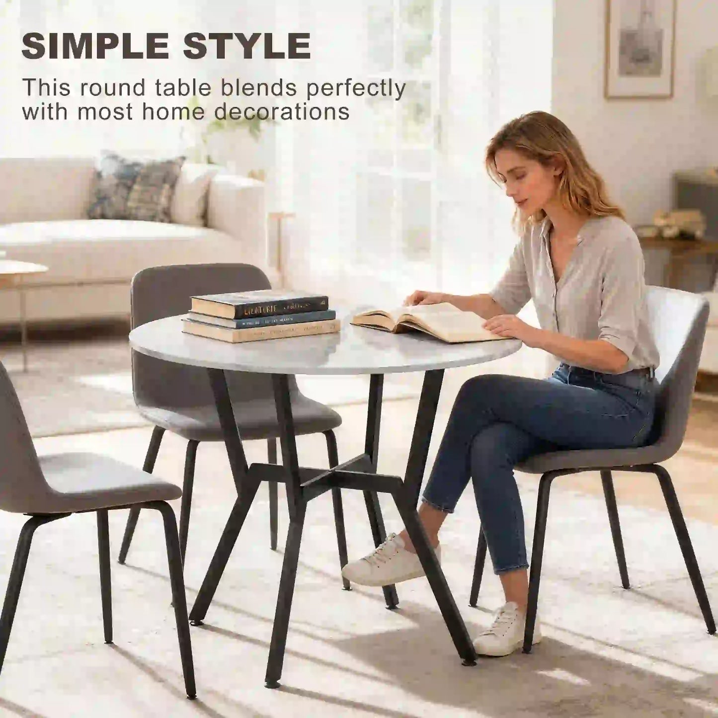 35" Round Dining Table, Modern Steel Frame, White Marble, White Dining Tables at Gallery Canada
