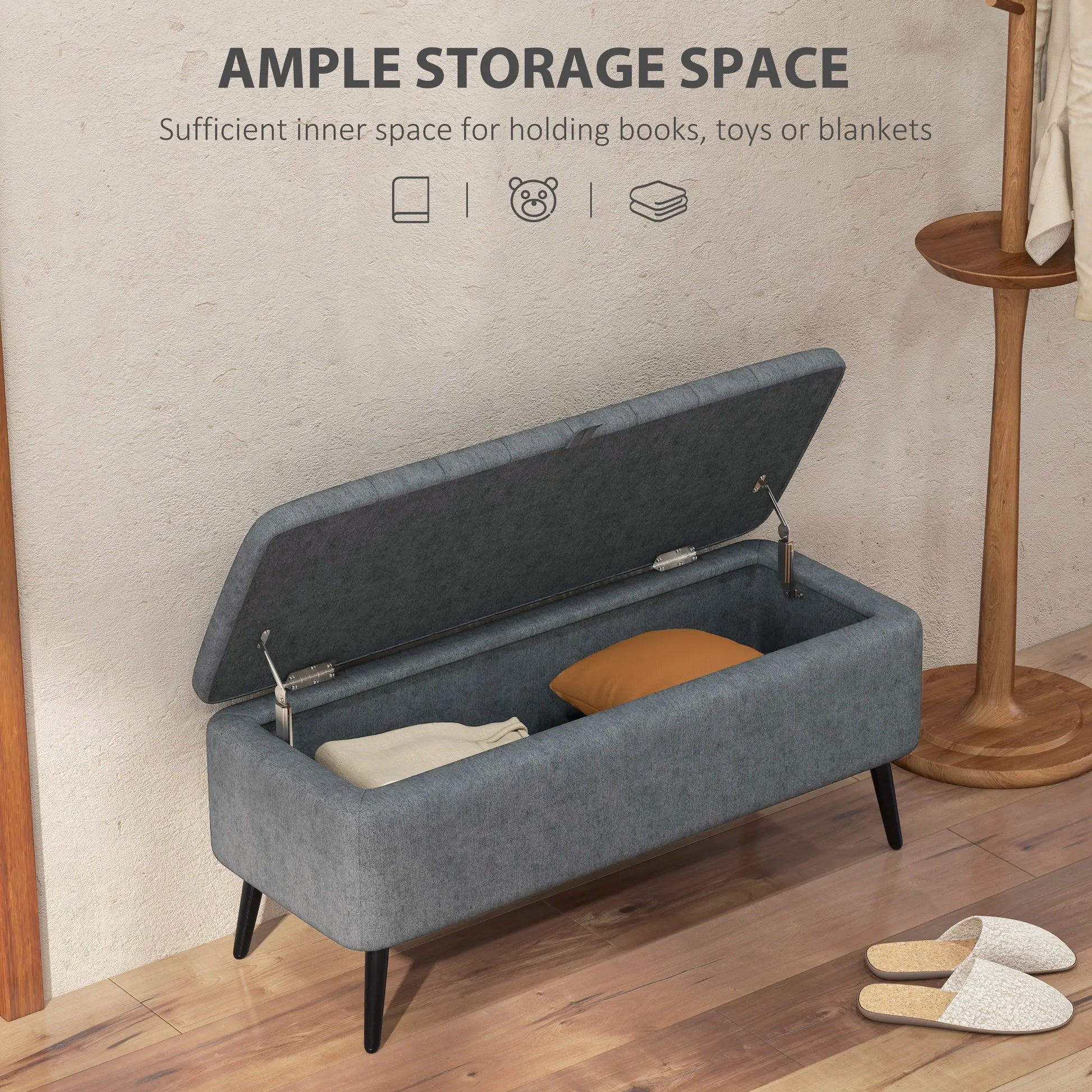 40" Ottoman with Storage, Linen Upholstered Bench, Dark Grey Storage Ottomans & Benches at Gallery Canada