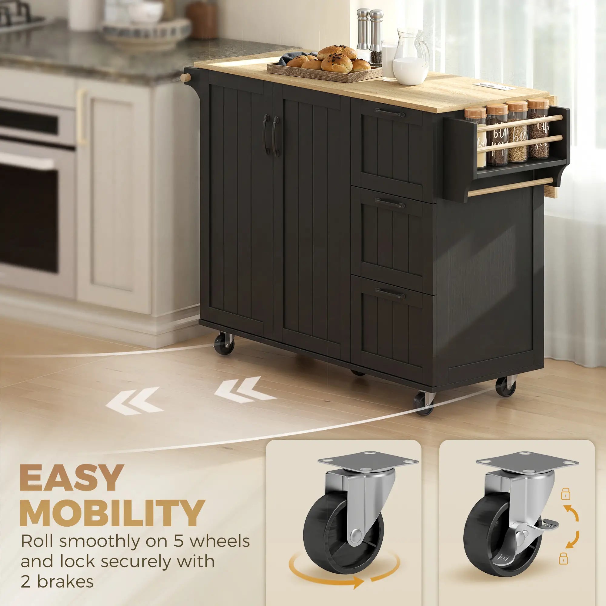 Kitchen Island with Drop Leaf, Rolling Cart, Power Outlet, Black Kitchen Islands & Kitchen Carts at Gallery Canada