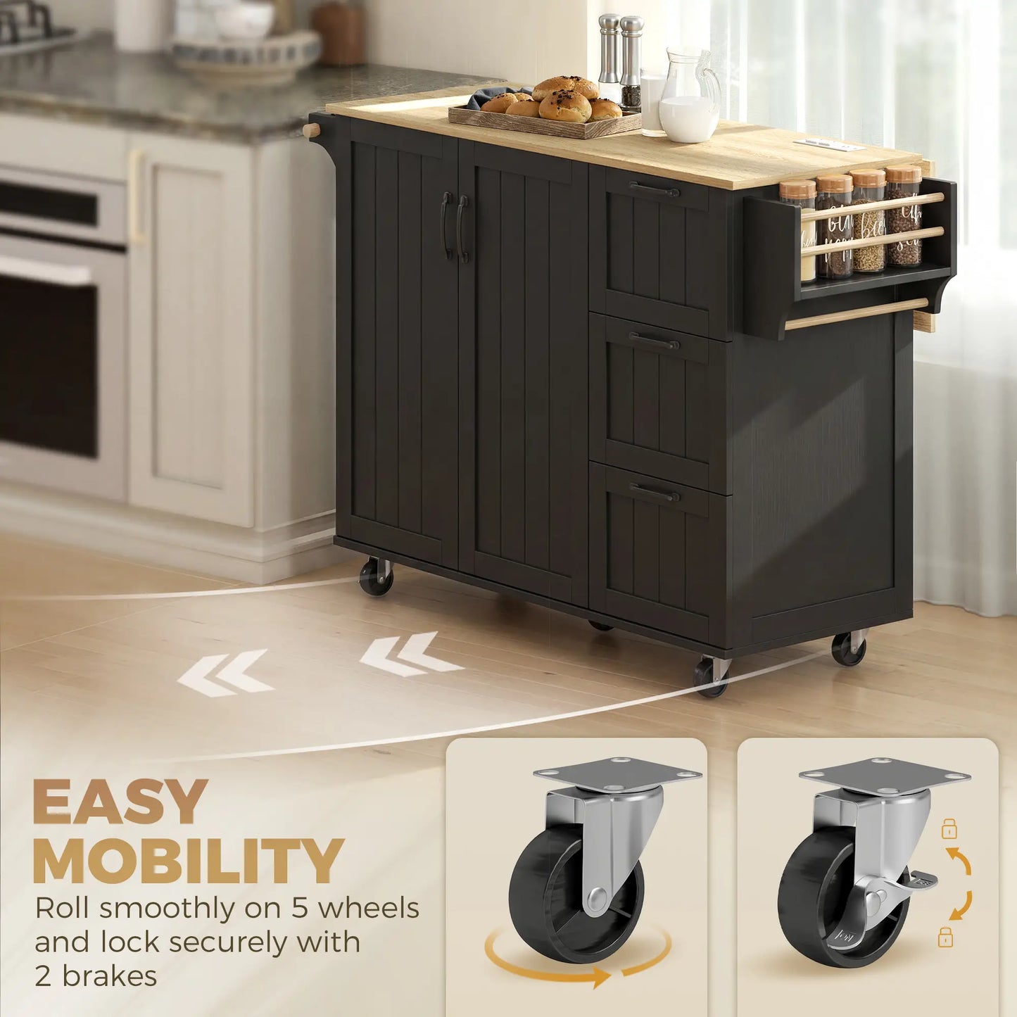 Kitchen Island with Drop Leaf, Rolling Cart, Power Outlet, Black Kitchen Islands & Kitchen Carts at Gallery Canada