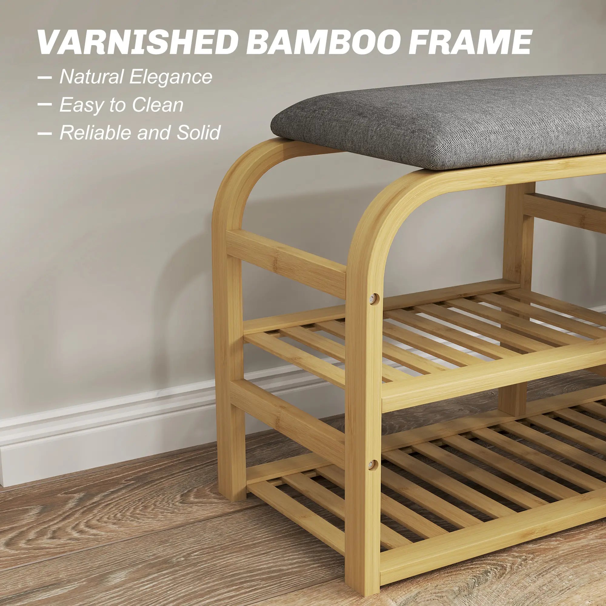 Bamboo Entryway Bench, Shoe Storage with Cushion, Slat Shelves, Pull-Out Basket Storage Ottomans & Benches at Gallery Canada