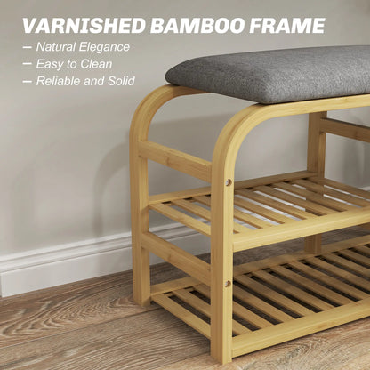 Bamboo Entryway Bench, Shoe Storage with Cushion, Slat Shelves, Pull-Out Basket Storage Ottomans & Benches at Gallery Canada