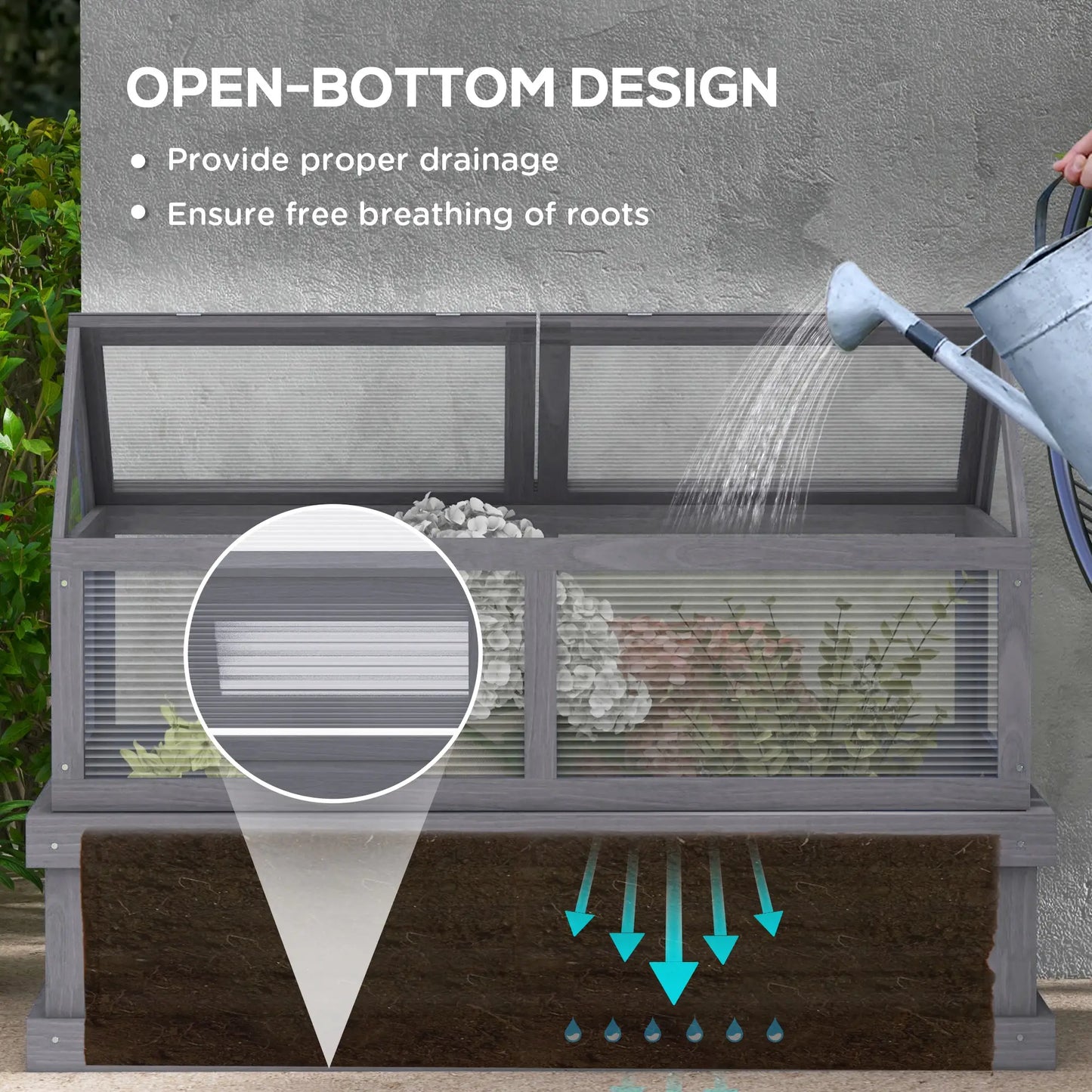 Raised Garden Bed Kit With Greenhouse, Wooden Cold Frame Planter, 48" x 24" x 32", Grey