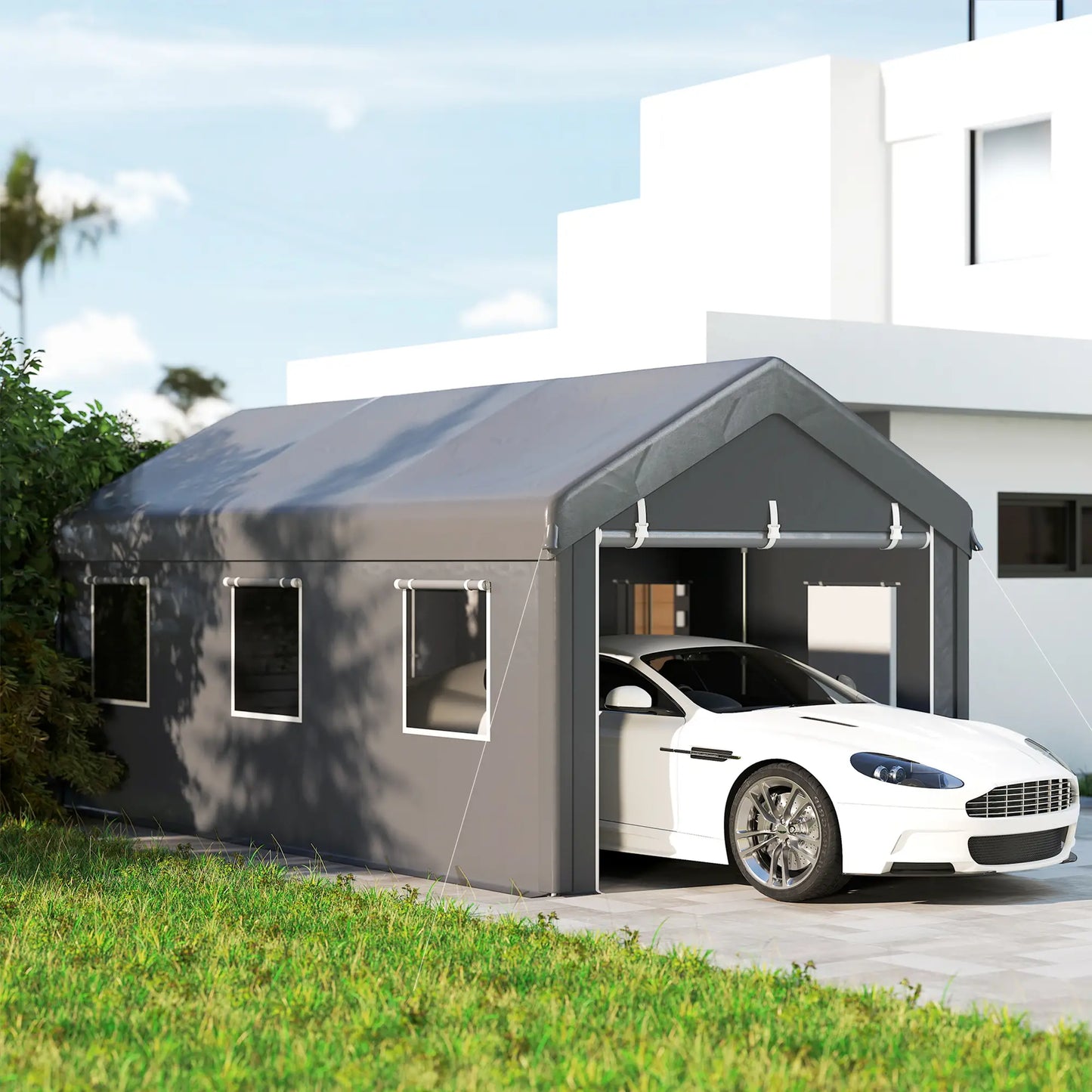 10' x 20' Heavy Duty Portable Garage, 6 Mesh Windows, 2 Doors, Dark Grey Car Shelters at Gallery Canada