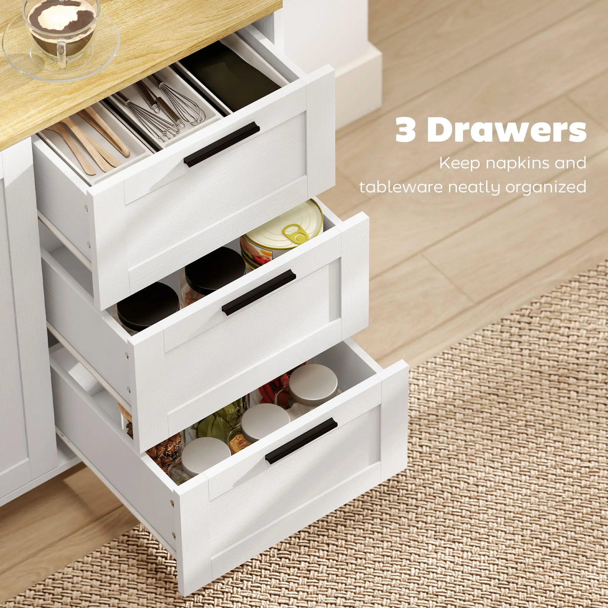 Buffet Cabinet with Soft Close Doors, Modern Sideboard with 3 Drawers, White Bar Cabinets at Gallery Canada