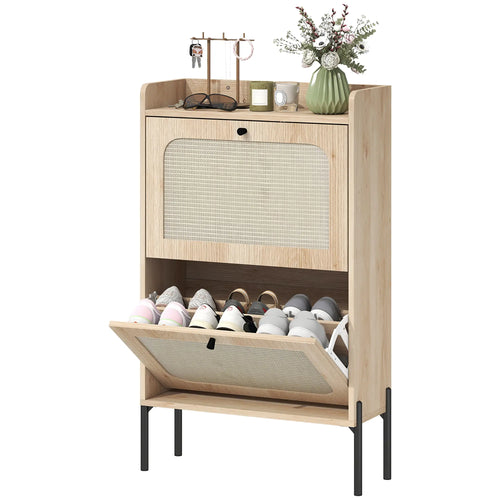Shoe Cabinet With 2 Flip Drawers, Narrow Oak Storage