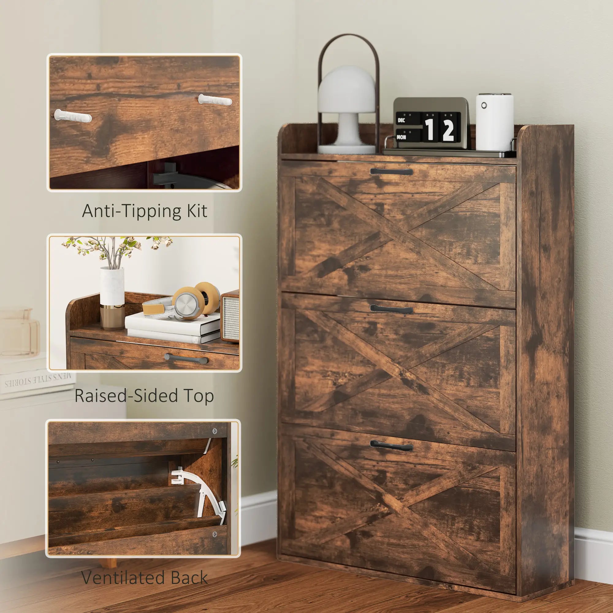 Narrow Shoe Storage Cabinet, 3 Flip Drawers, Adjustable Shelves, Rustic Brown Shoe Storage Cabinets & Racks at Gallery Canada