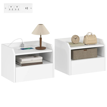 Wall Mounted Bedside Table Set of 2, Charging Station, Drawer, Shelf, White Bedside Tables at Gallery Canada