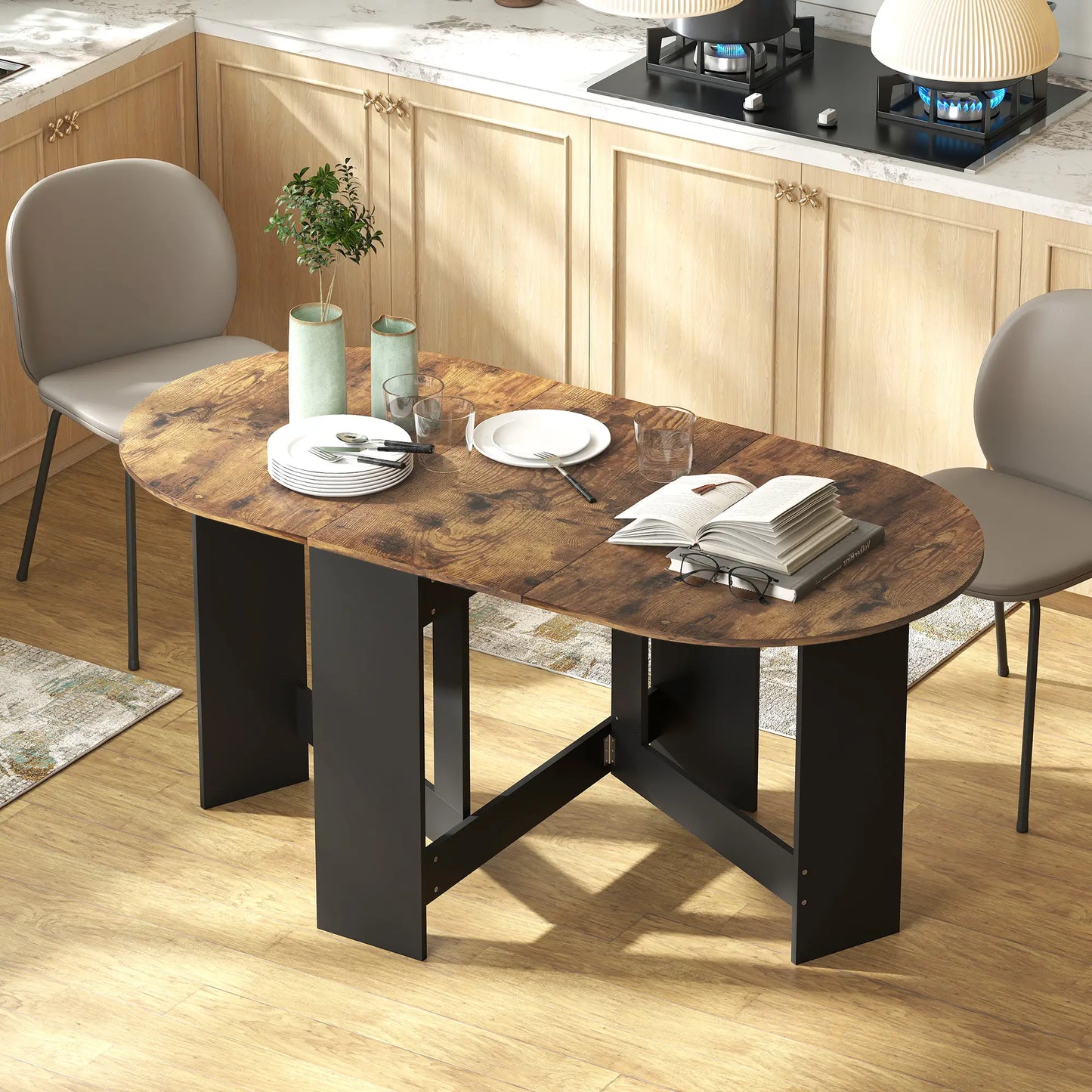 Oval Folding Dining Table, Drop Leaf Kitchen Table, Rustic Brown, Brown Dining Tables at Gallery Canada