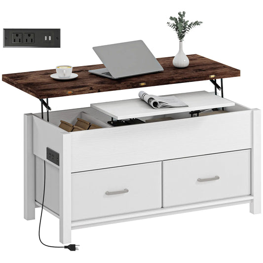 Lift Top Coffee Table, 3 Hidden Compartments, 2 Fabric Drawers Coffee Tables White, Rustic Brown at Gallery Canada