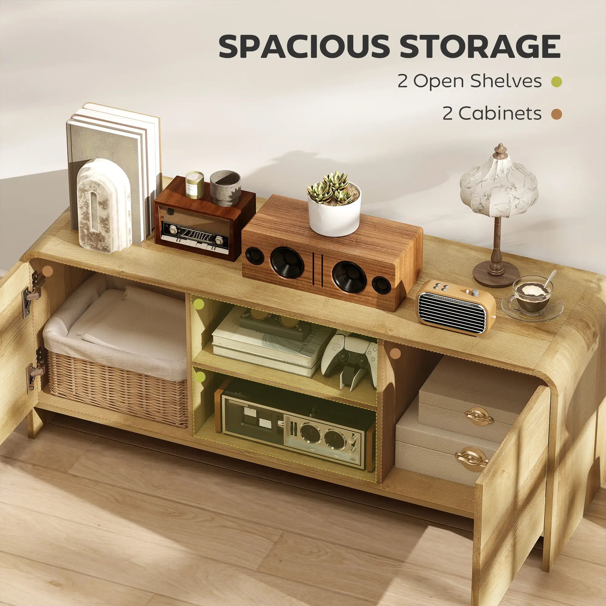 TV Stand For 55 Inch TV, Natural Wood Entertainment Center With 2 Cabinets TV Stands at Gallery Canada