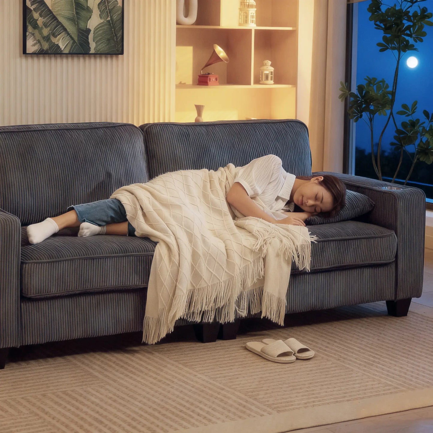 Three Seater Sofa, Fabric Couch with Spring Cushion, Cup Holders, Dark Grey 3-Seater Sofas at Gallery Canada