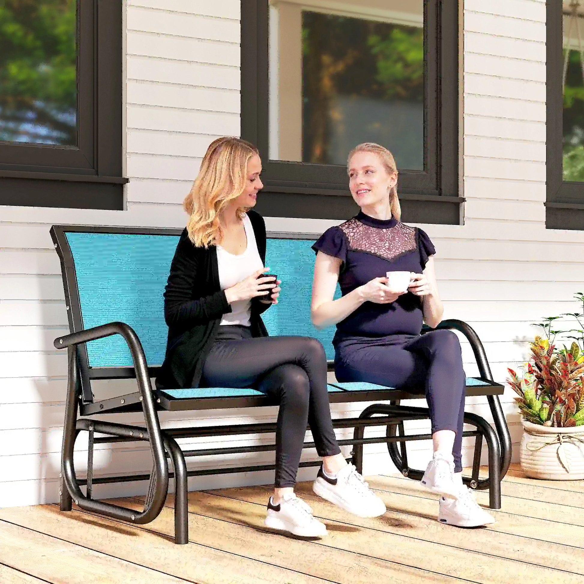 Outdoor Steel Glider Bench, Sling Fabric Swing Chair, Blue Outdoor Gliders at Gallery Canada