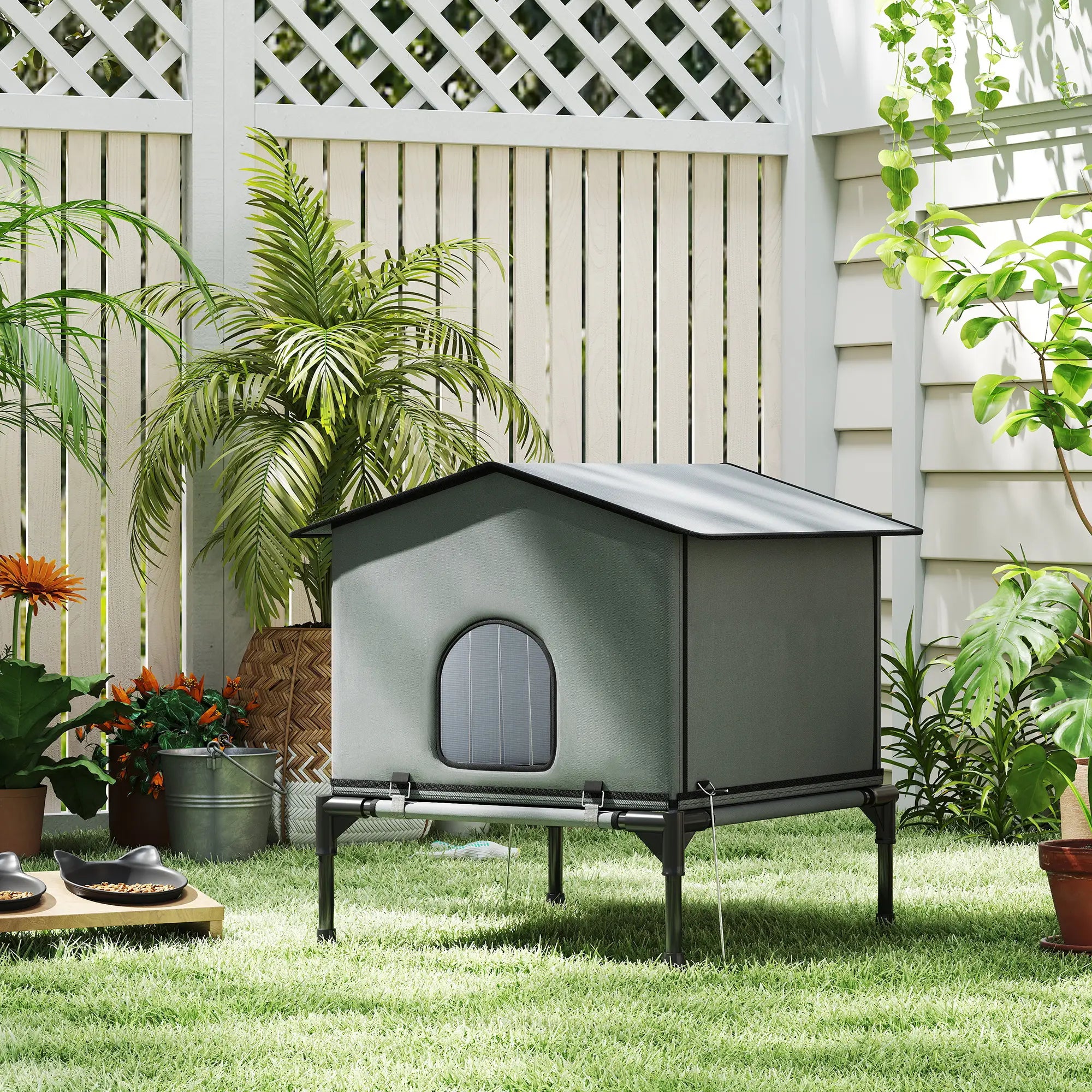 Outdoor Cat House, Waterproof Insulated Cat Kennel with Elevated Base, Foldable Feral Kitty Shelter for Kittens, Grey Cat Houses at Gallery Canada