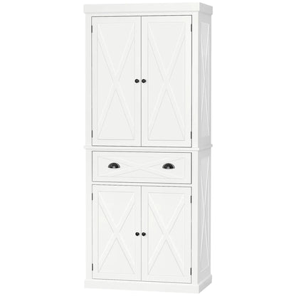 72.5" Kitchen Pantry Cabinet, 4 Doors, Drawer, Adjustable Shelves, White