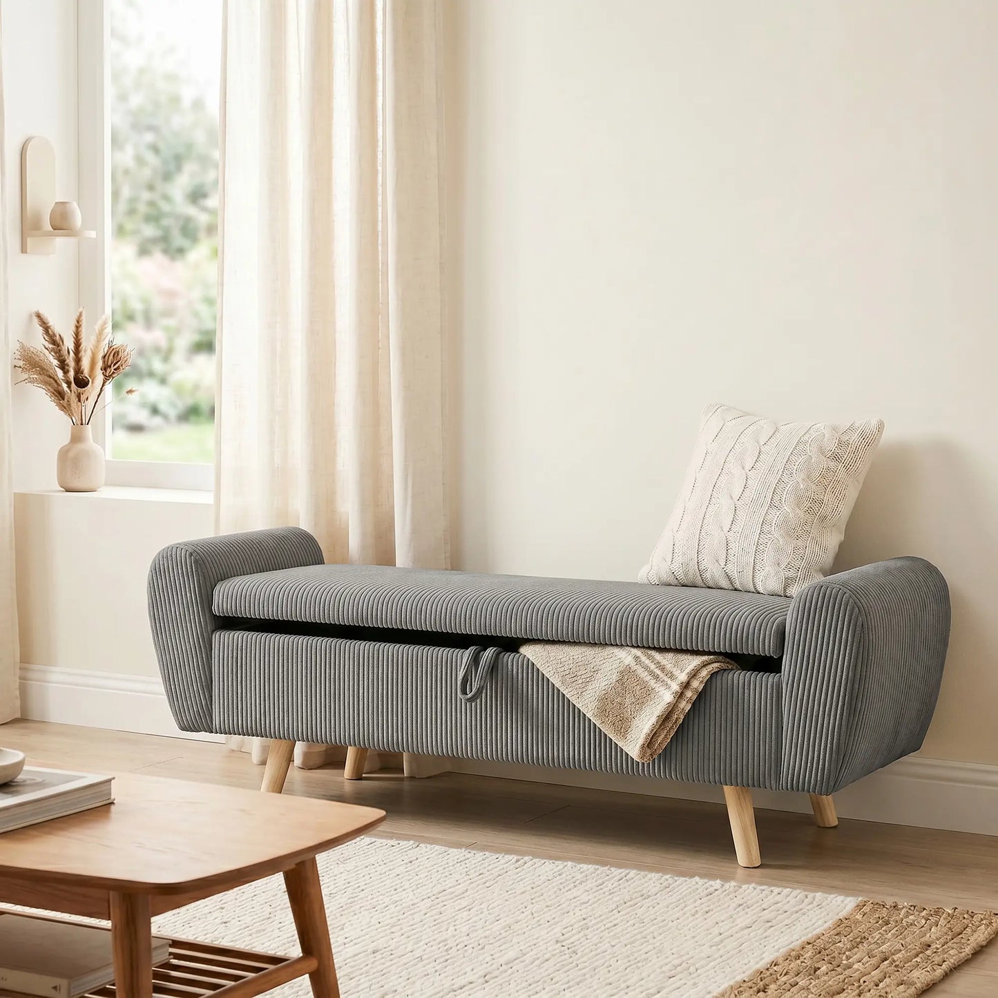 59" Corduroy Storage Ottoman Bench, Dark Grey