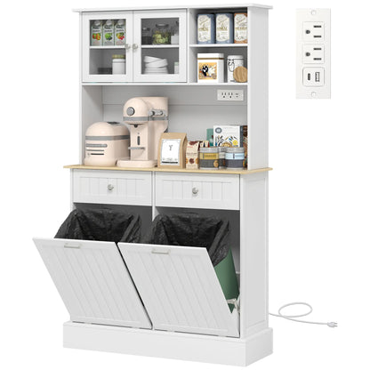Kitchen Cabinet With Charging Station, 2 Tilt Out Cabinets, Microwave Stand, White Kitchen Pantry Cabinets White, Nature Wood at Gallery Canada