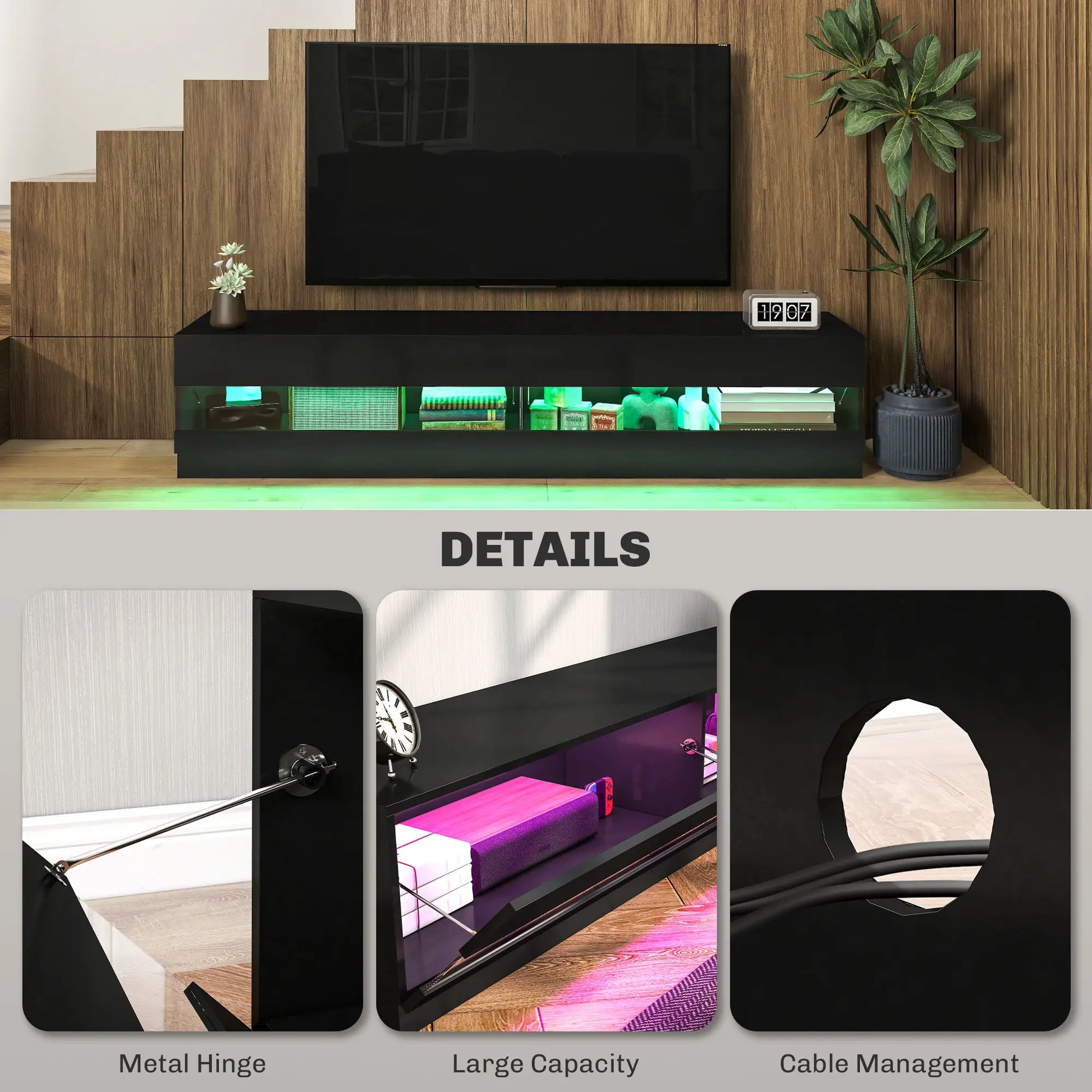 Lighted TV Stand for 75" TVs, TV Cabinet with Storage, High Gloss, Black TV Stands at Gallery Canada