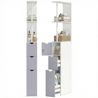 Tall Narrow Bathroom Storage Cabinet with Drawers, Open Shelves, White Grey Bathroom Cabinets at Gallery Canada