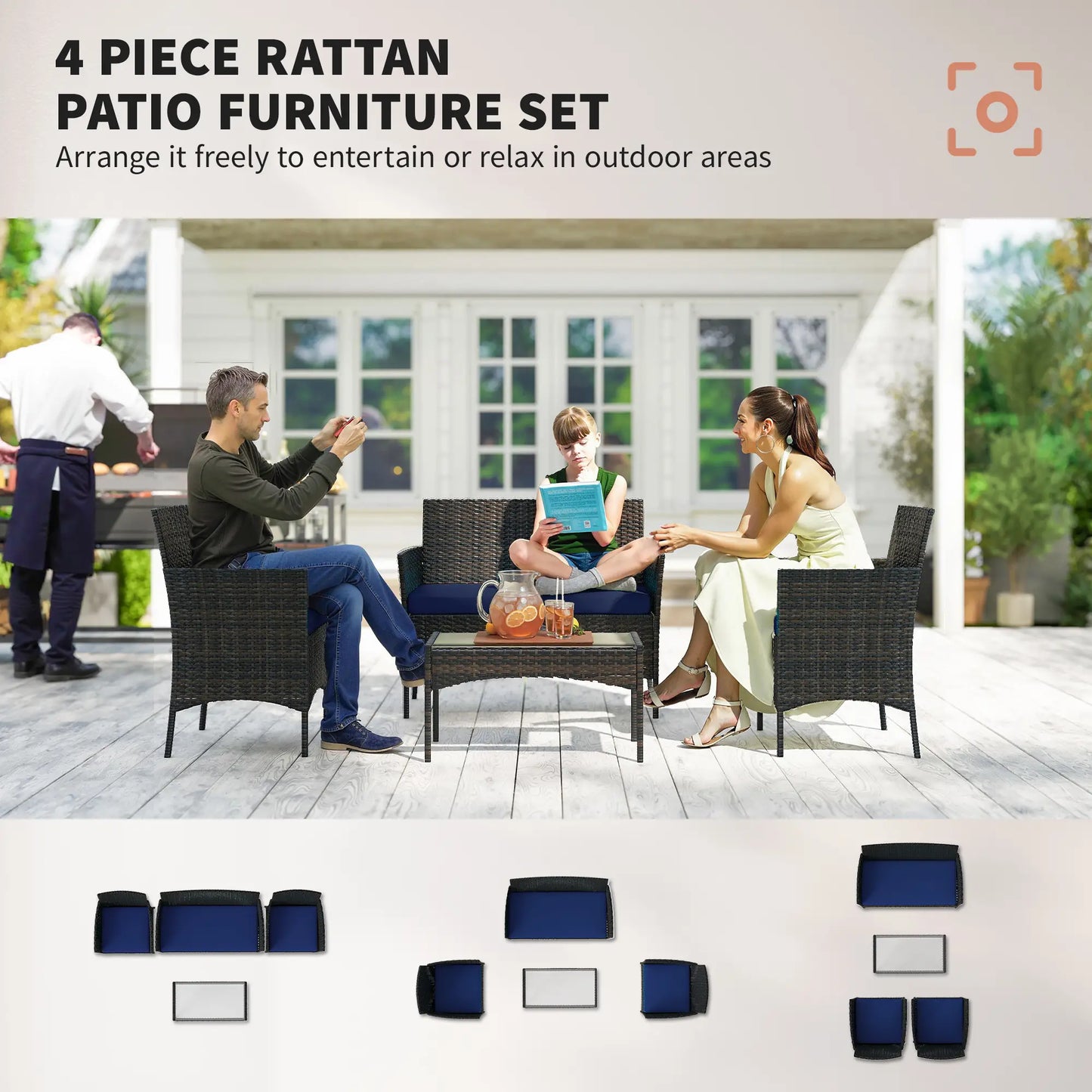4-Piece Wicker Patio Furniture Set, Glass Coffee Table, Navy Blue Patio Furniture Sets at Gallery Canada