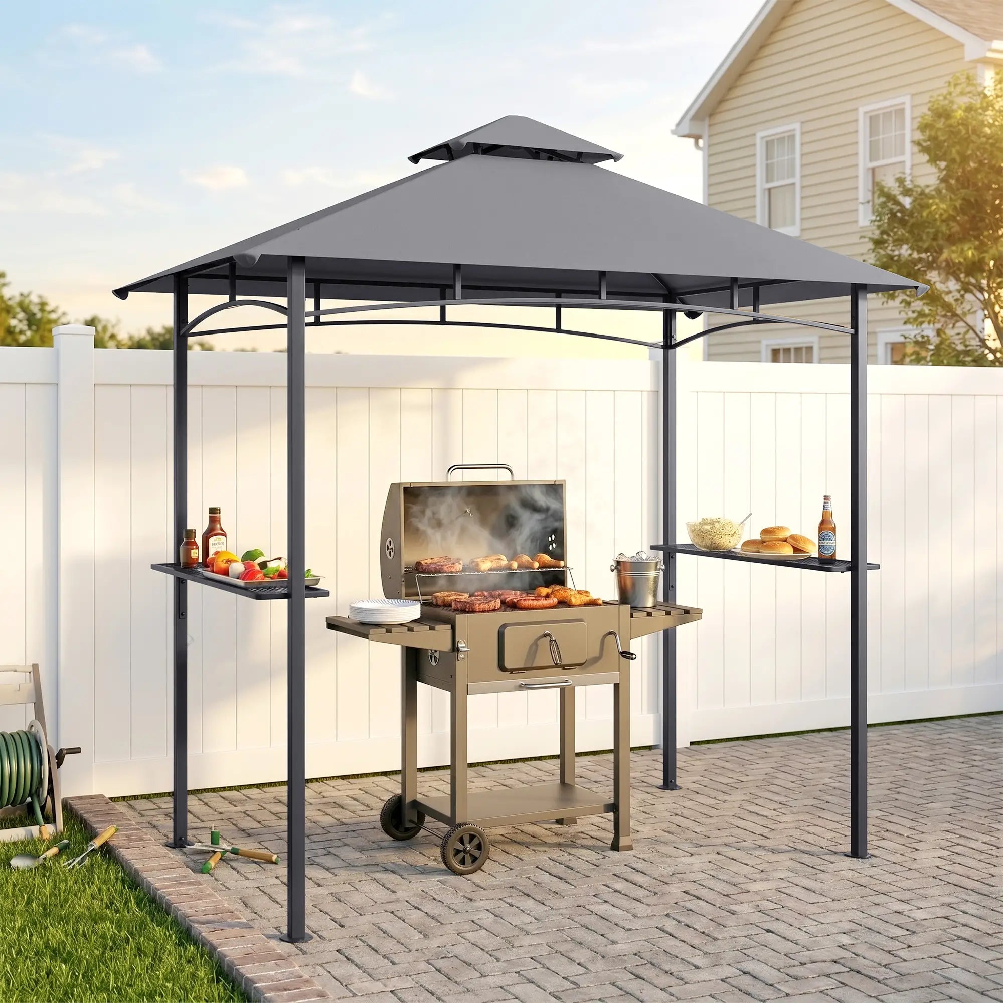 8' x 5' BBQ Grill Gazebo Tent, Double Tiered Canopy, Outdoor Sun Shade, Grey BBQ Grill Gazebos at Gallery Canada