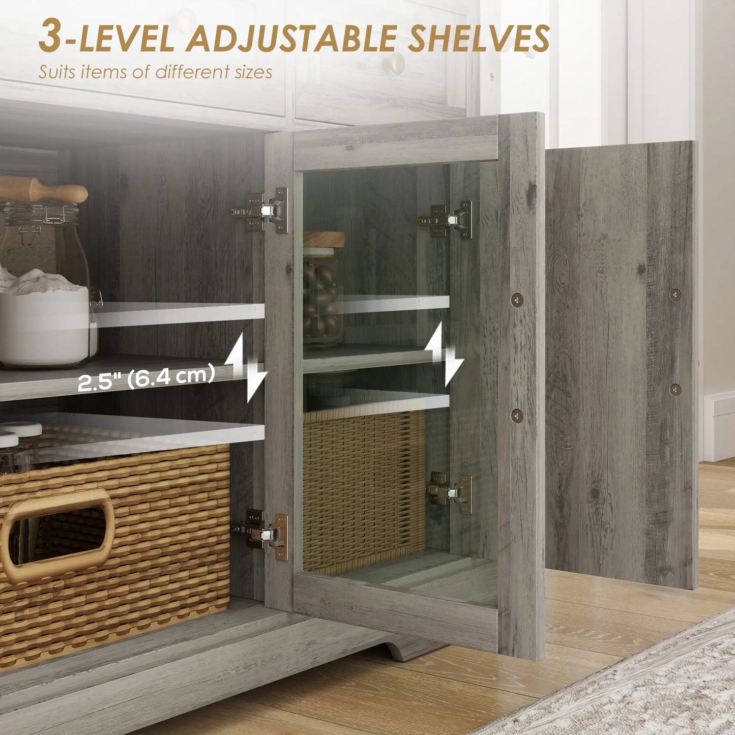 Sideboard Buffet Cabinet, Coffee Bar with Glass Doors, Adjustable Shelves, Weathered Grey Oak, Grey Bar Cabinets at Gallery Canada