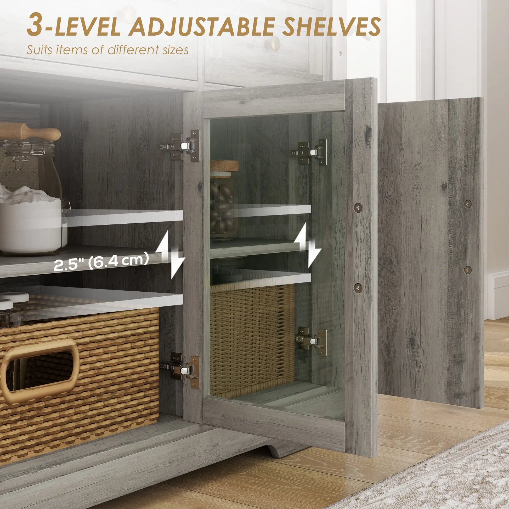 Sideboard Buffet Cabinet, Coffee Bar with Glass Doors, Adjustable Shelves, Weathered Grey Oak, Grey Bar Cabinets at Gallery Canada