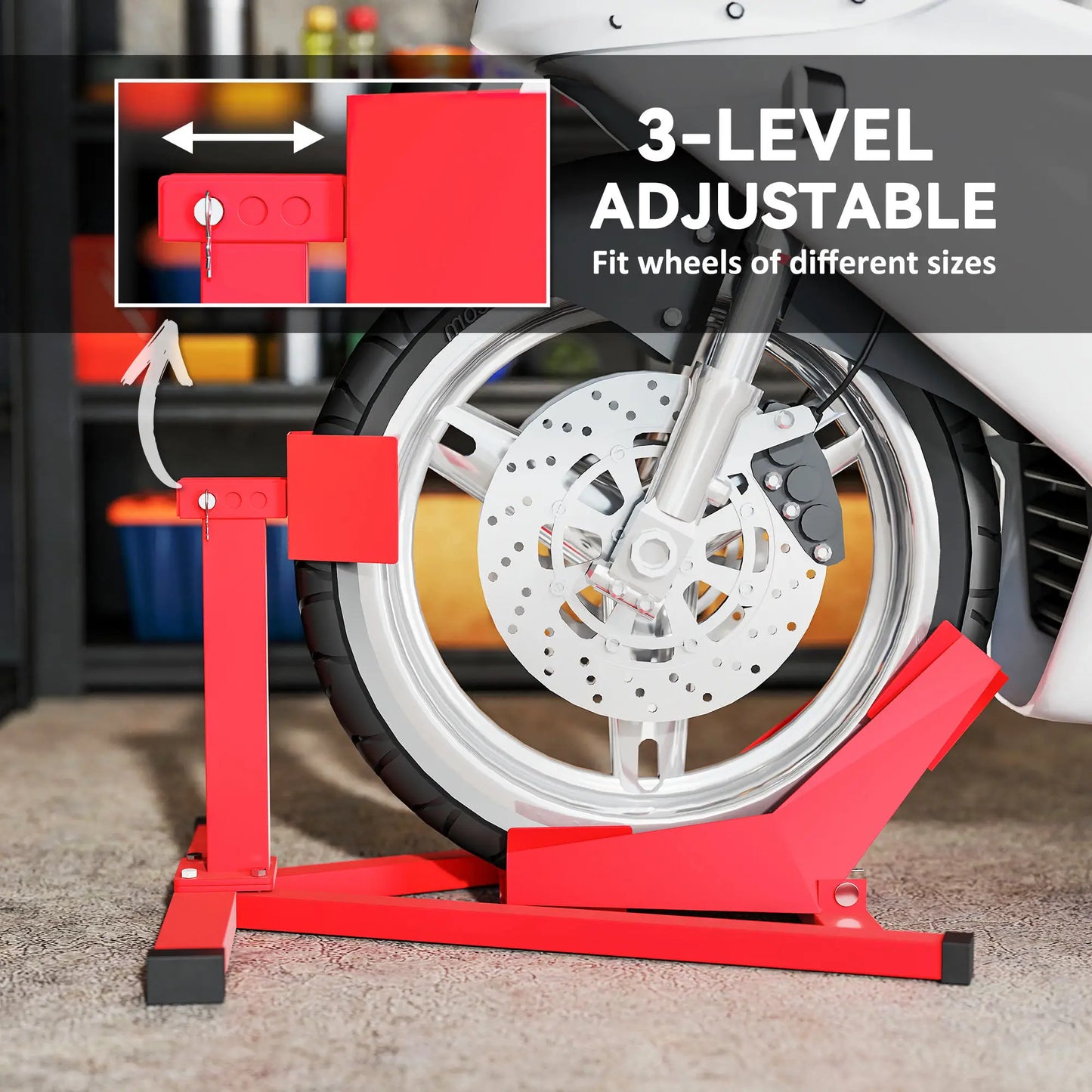 Motorcycle Wheel Chock, 660 lbs Capacity, Heavy Duty Steel, 14"-21" Wheels, Red Bike Parking Stands at Gallery Canada