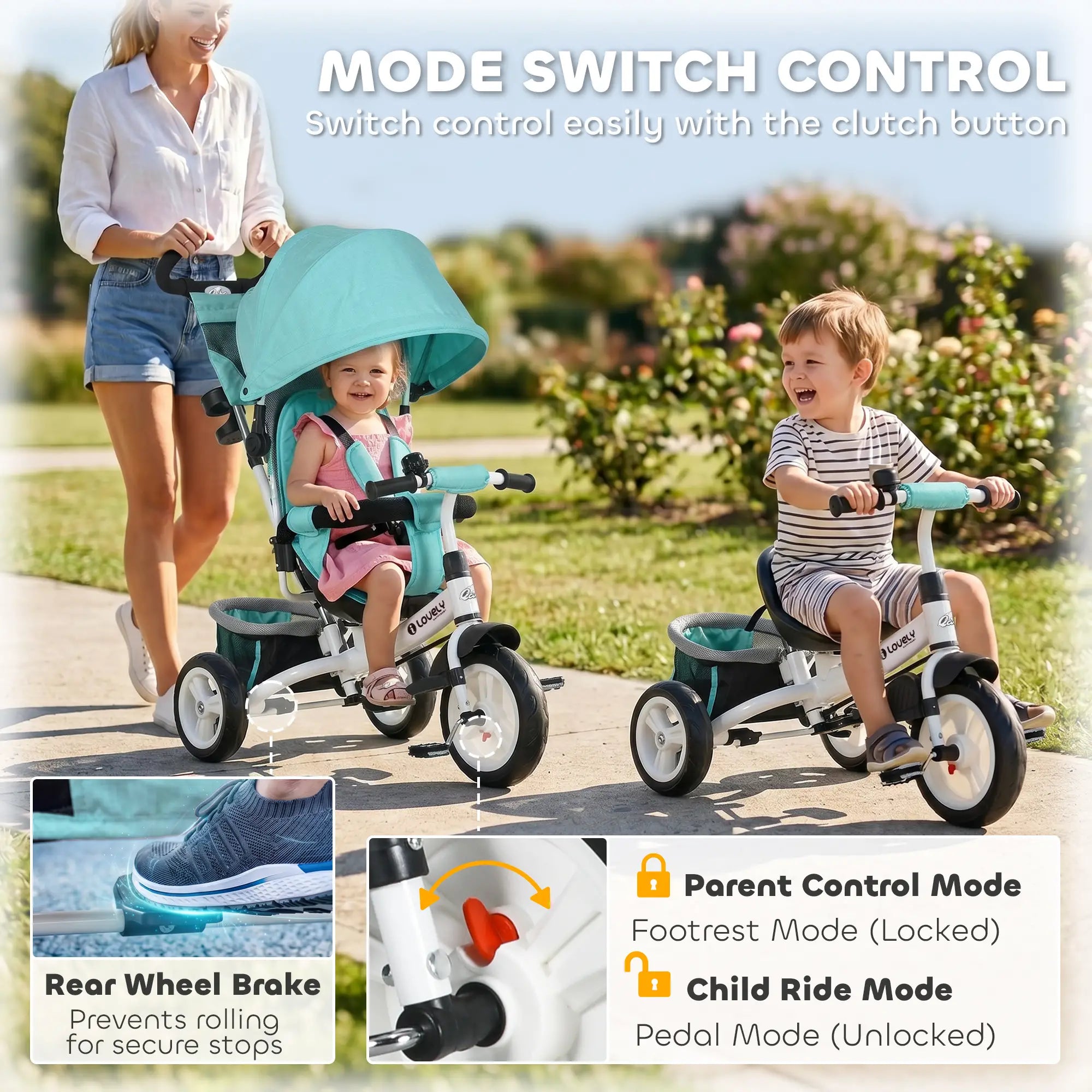 6 in 1 Tricycle for Toddler 1-5 Years, Parent-Push Handle, Green Tricycles for Kids at Gallery Canada