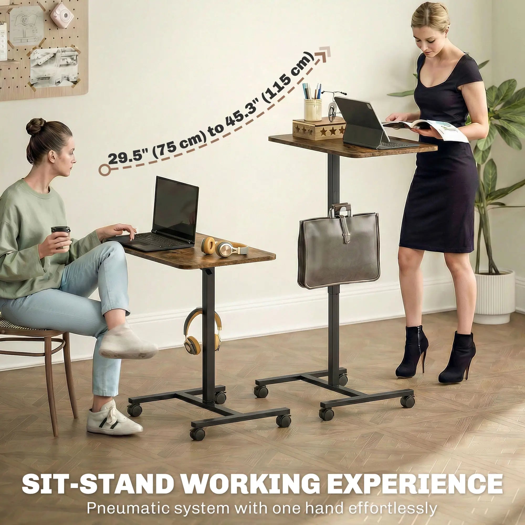 Height Adjustable Standing Desk, Pneumatic Sit Stand Desk, Rustic Brown Office Desks & Work Stations at Gallery Canada