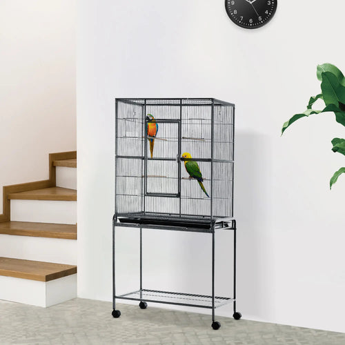 30'' Large Rolling Metal Bird Cage, Detachable Stand, Storage Shelf, Black