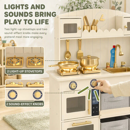 Ensemble de cuisine en bois pour enfants, lumières, sons, 12 pièces, crème