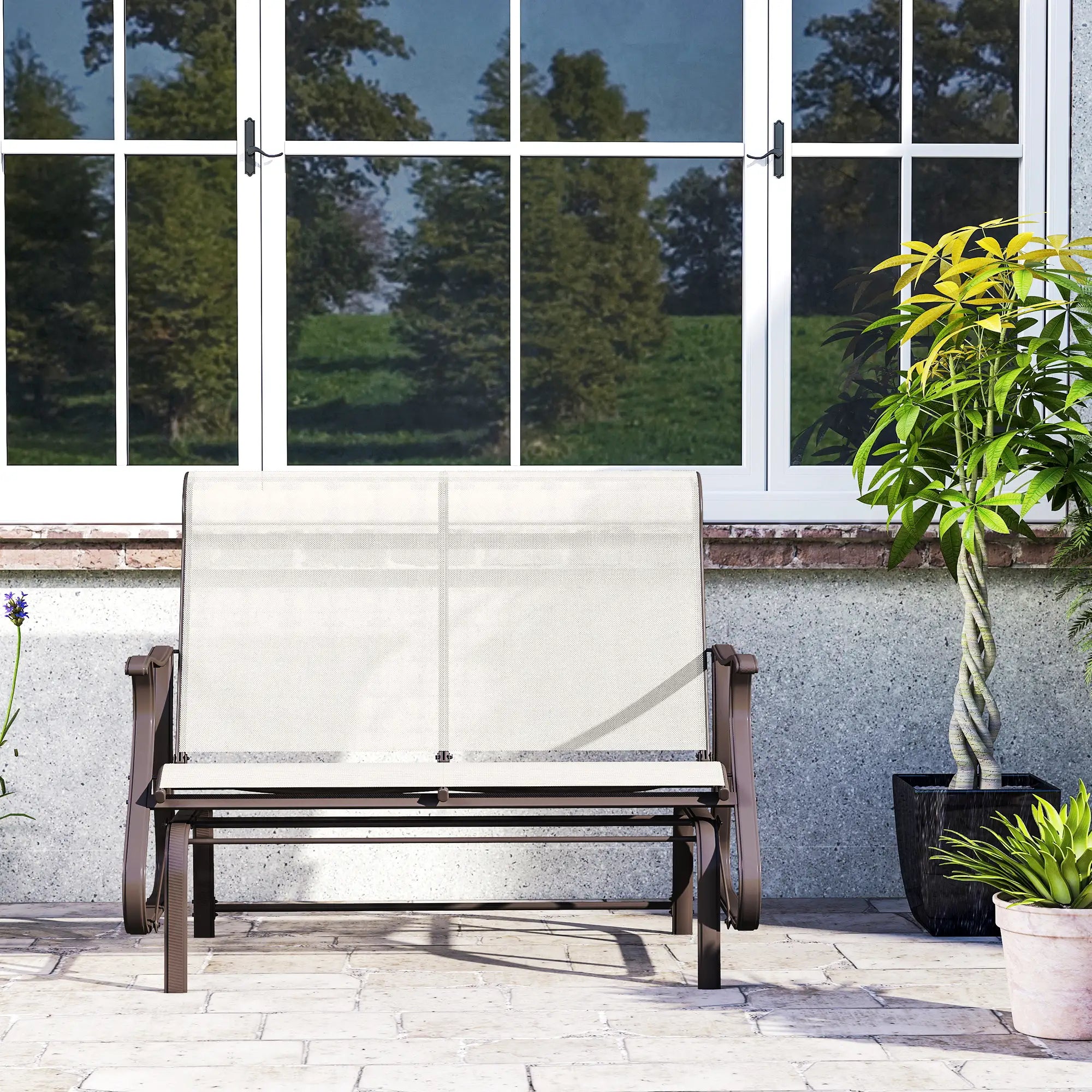 Double Gliding Chair, Patio Glider, Outdoor Mesh Seat, Steel Frame, Cream White Outdoor Gliders at Gallery Canada