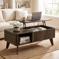 Table basse à ouverture relevable cannelée de 40", table de rangement en noyer