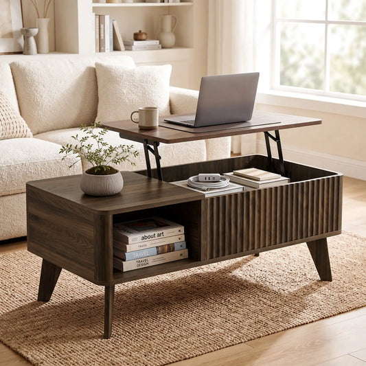 40" Fluted Lift Top Coffee Table, Walnut Storage Table Coffee Tables Walnut at Gallery Canada