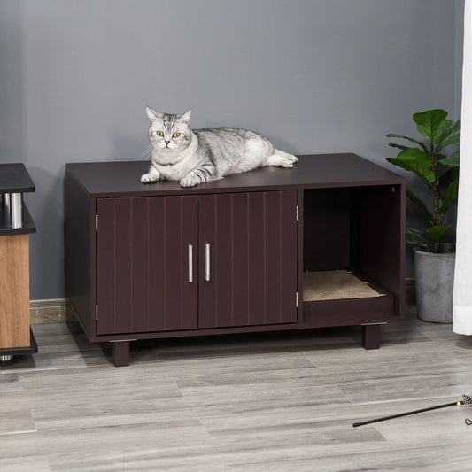 Wooden Cat Washroom Pet Litter Box Enclosure Kitten House Nightstand End Table with Scratcher Magnetic Doors Brown - Gallery Canada