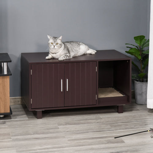 Wooden Cat Washroom Pet Litter Box Enclosure Kitten House Nightstand End Table with Scratcher Magnetic Doors Brown