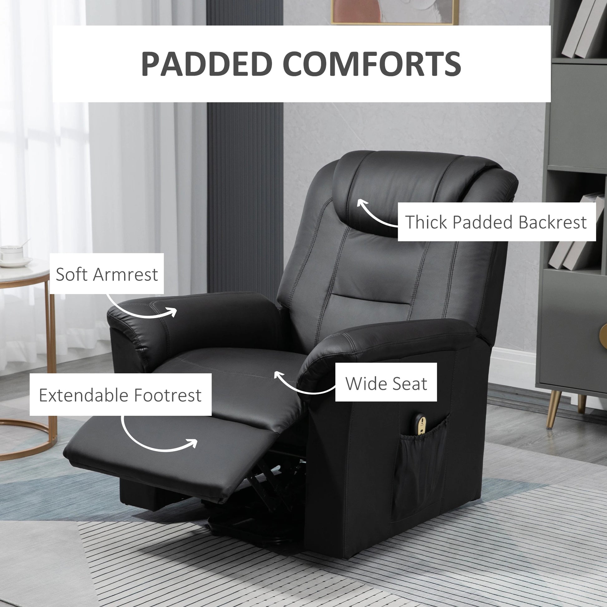Electric Power Lift Recliner Chair, PU Leather with Footrest, Remote, Side Pockets, Black Electric Power Lift Chairs at Gallery Canada