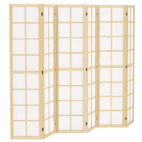 6 Panel Room Divider, 5.6 ft, Natural Wood, Folding Wall Partition