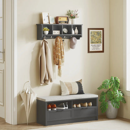 Wall Mount Coat Rack with Shelf, 28", 5 Hooks, 4 Compartments, Black